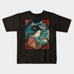 Vintage Cherry Blossom Woodblock Japanese Graphical Geisha Kids T-Shirt